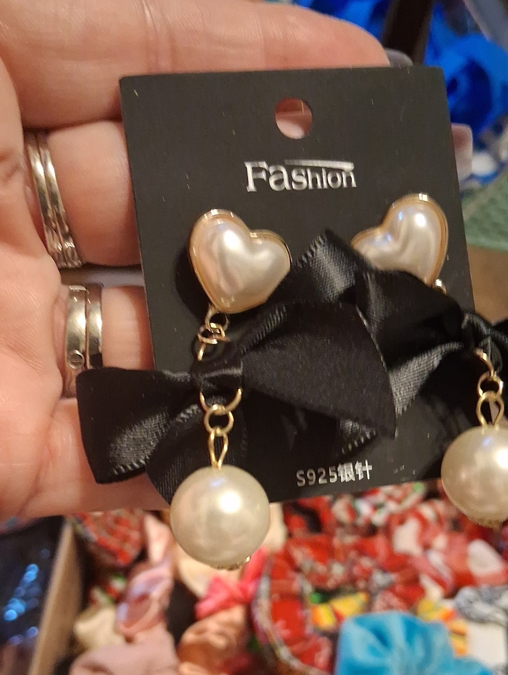 Fashion Jewelry Black Bow Pearl Drop Heart Earrings - Gold Tone